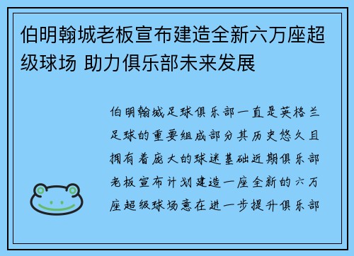 伯明翰城老板宣布建造全新六万座超级球场 助力俱乐部未来发展